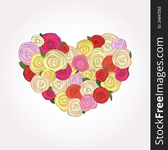 Vector heart of roses. bouquet of colorful assorted roses