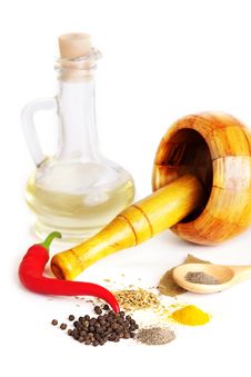 Mortar With Pestle, Variety Of Spices And Oil Royalty Free Stock Image Mortar With Pestle, Variety Of Spices And Oil Royalty Free Stock Image