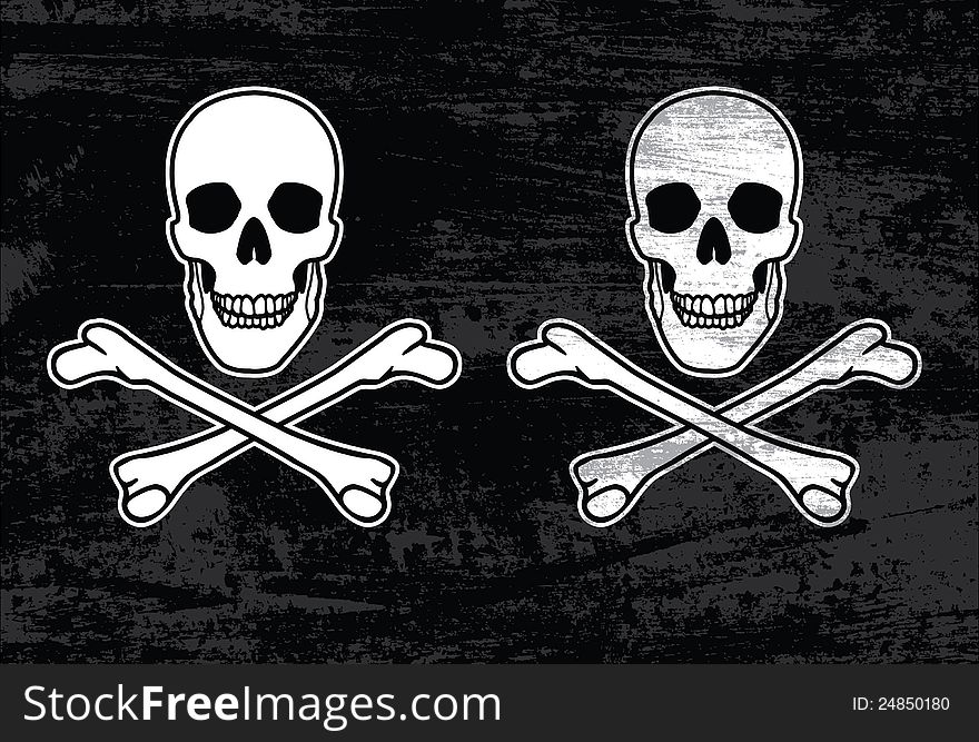 Two versions of a skull and bones illustration (Jolly Roger)