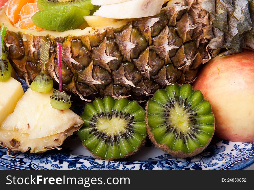 Assortment of exotic fruits with ananas and apple