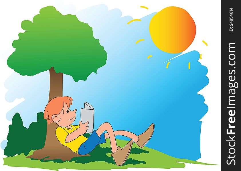 Vector of a boy reading book under tree, doodle style