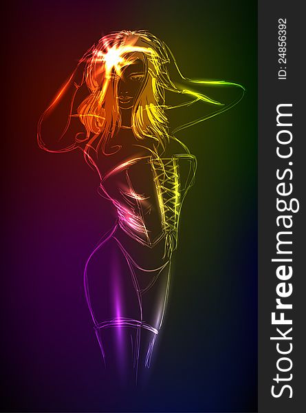 Hand-drawn fashion model from a neon. A light girl's. Hand-drawn fashion model from a neon. A light girl's