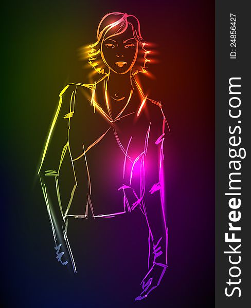 Hand-drawn fashion model from a neon. A light girl