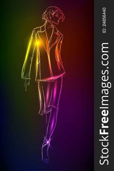 Hand-drawn fashion model from a neon. A light girl