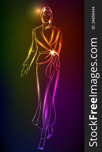 Hand-drawn fashion model from a neon. A light girl