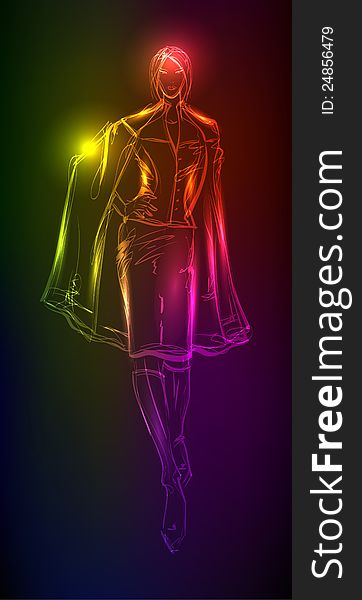 Hand-drawn fashion model from a neon. A light girl