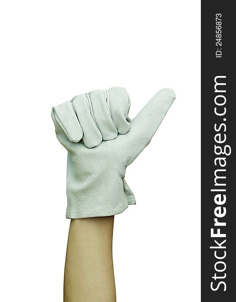 Worker Wearing Leather Work Glove Giving the Thumbs Up Sign Isolated on white background.