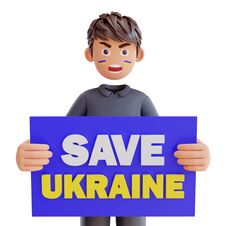 3d Render Cute Boy Holding Poster Save Ukraine Stock Photo