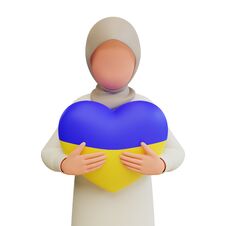 3d Render Muslim Woman Hug Heart Shaped Balloon With Ukraine Flag Color Royalty Free Stock Photo