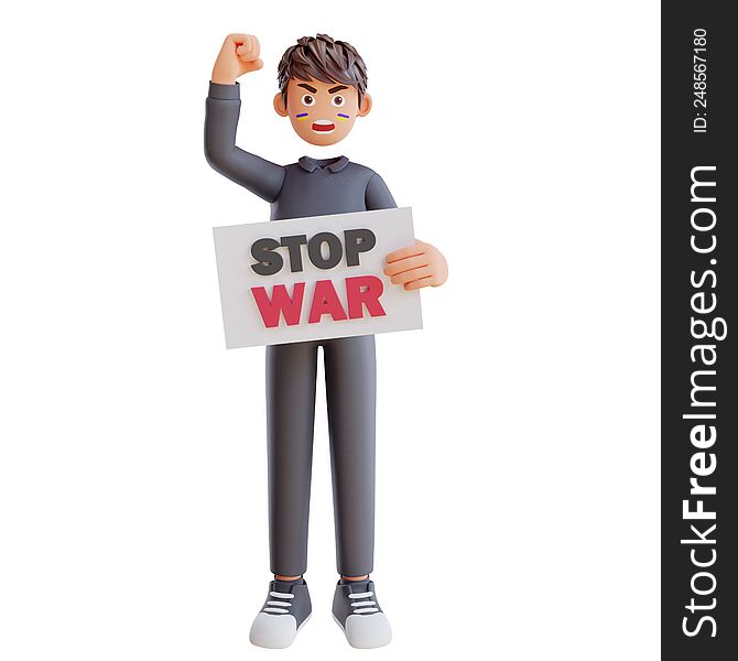 3d render cute boy holding poster stop war