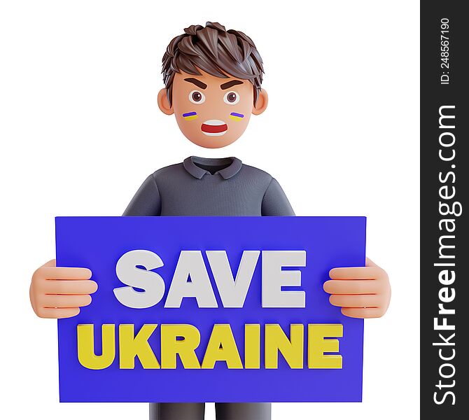 3d render cute boy holding poster save Ukraine