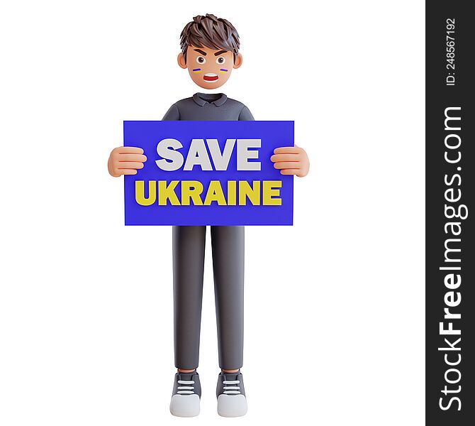 3d render cute boy holding poster save Ukraine