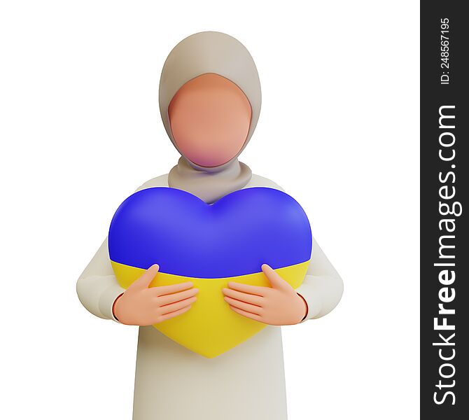 3d render muslim woman hug heart shaped balloon with ukraine flag color