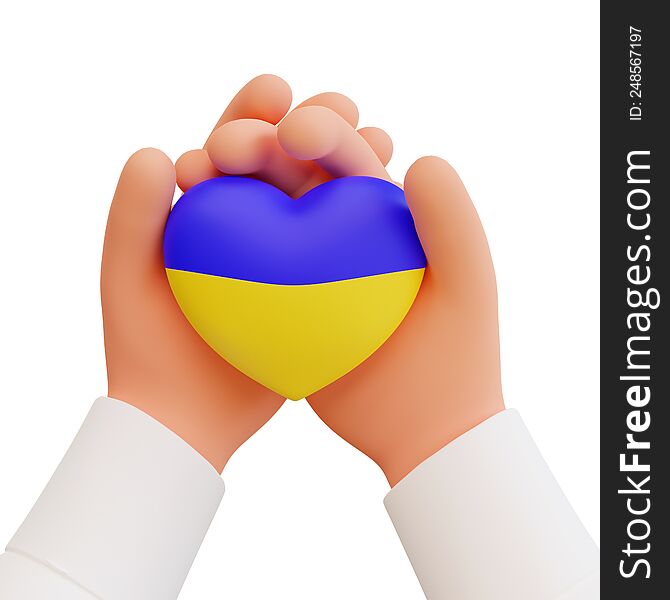 3d render hands holding a heart in the colors of the flag of ukraine