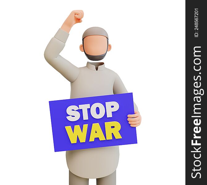 3d Render Muslim Man Holding Poster Stop War