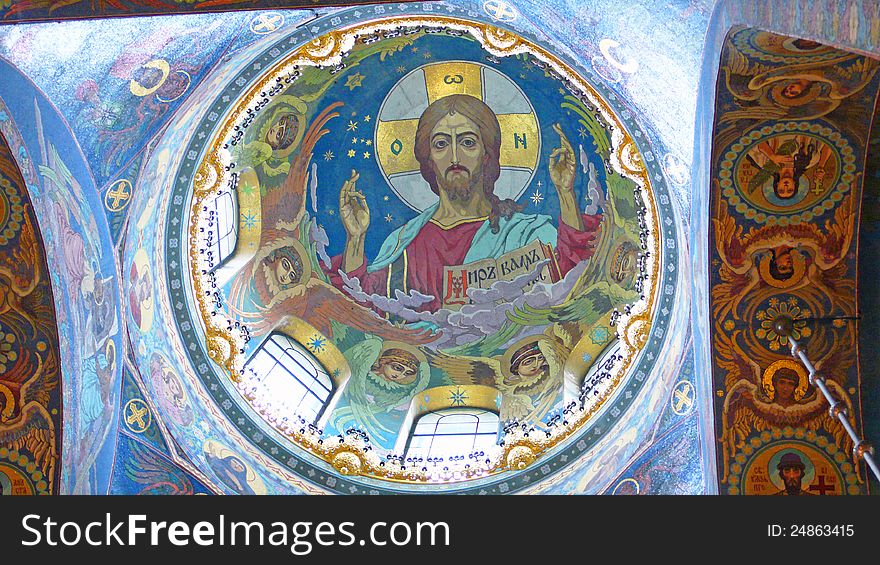 Detail of the ceiling of an Orthodox church, decorated with faces of the saints. Detail of the ceiling of an Orthodox church, decorated with faces of the saints