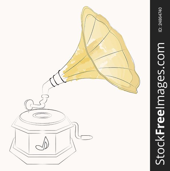 Outline of an antique gramophone, painted with watercolor effect.