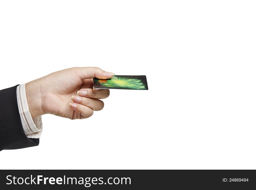 Businesswoman hand holding VISA card against white background. Businesswoman hand holding VISA card against white background