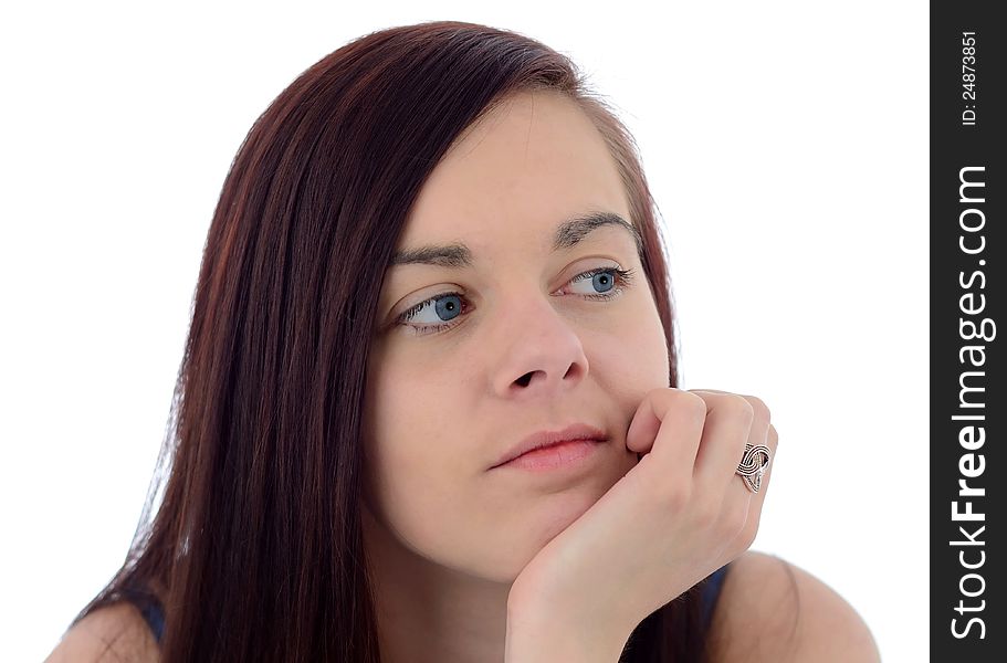 Portrait of thoughtfully brunette isolated on white background. Portrait of thoughtfully brunette isolated on white background