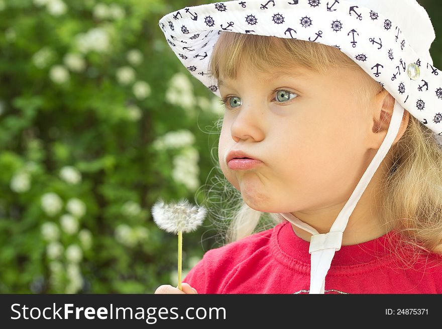 Young girl in white cap blowing dandelion. Young girl in white cap blowing dandelion