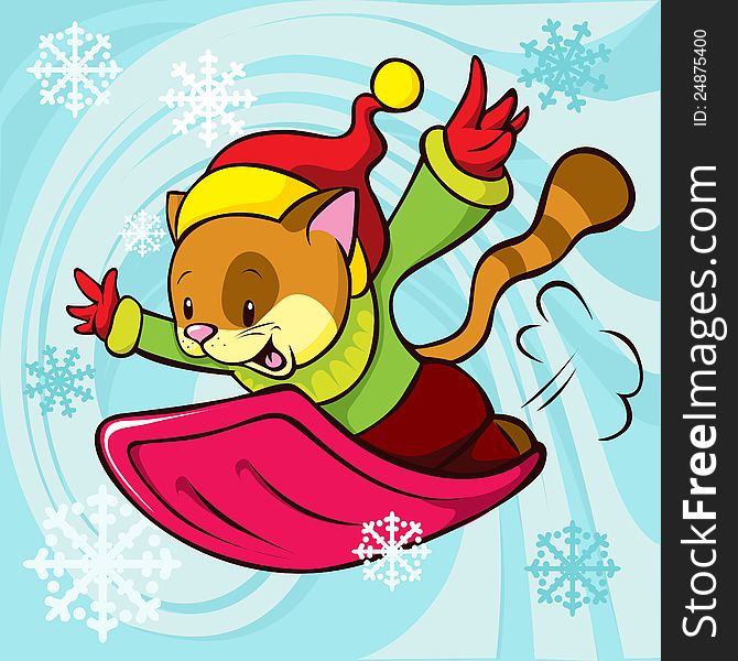 Cat cartoon bobsledding on abstract snow background
