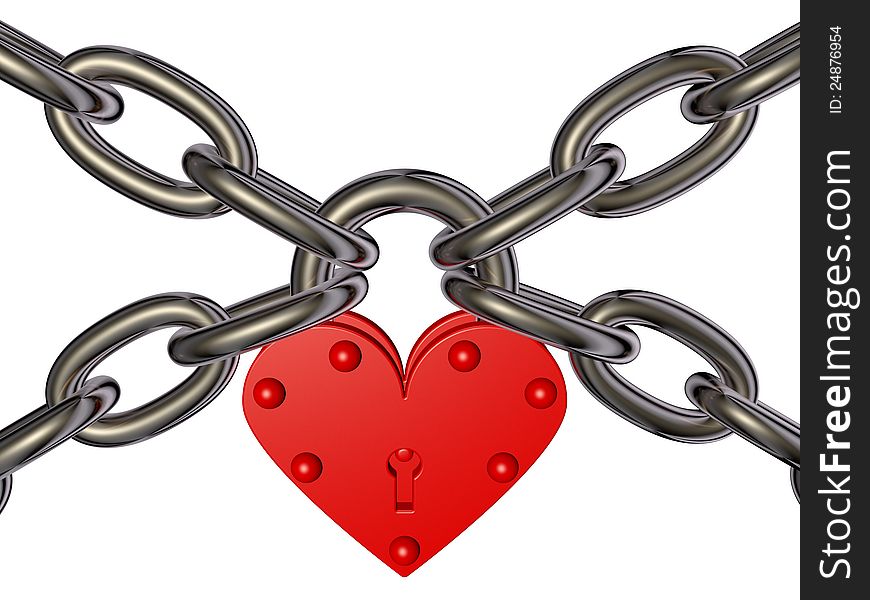 3D picture of heart - lock and chain on white background. Theme of security, love.