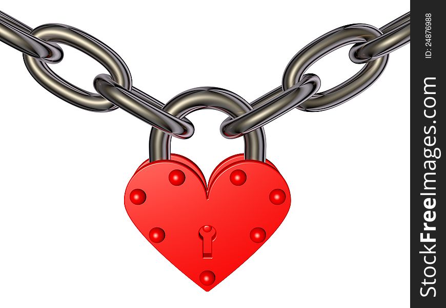 3D picture of heart - lock and chain on white background. Theme of security, love.