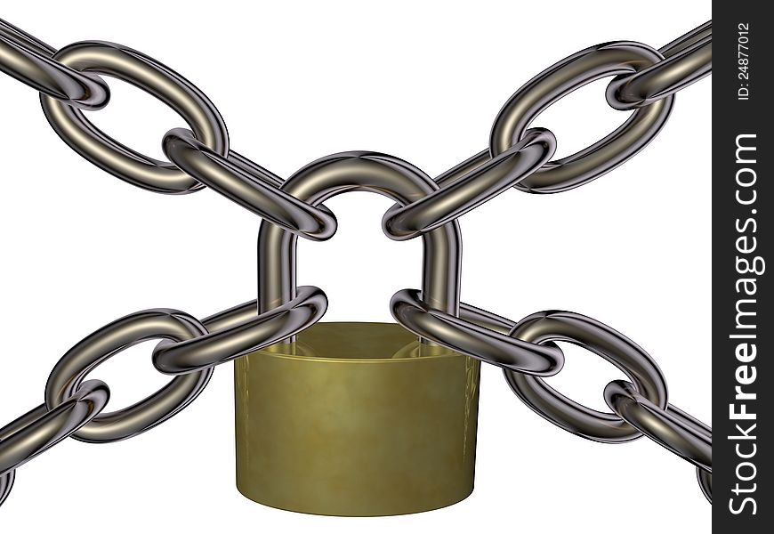 3D picture of lock and chain on white background. Theme of security.