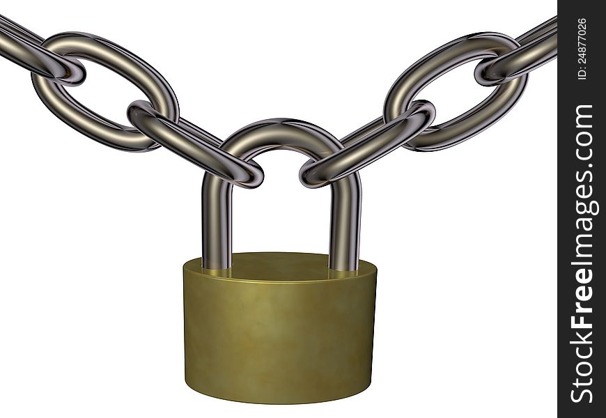 3D picture of lock and chain on white background. Theme of security.