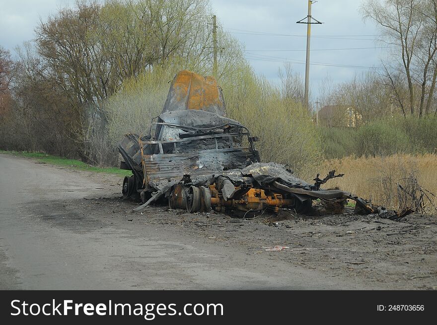 Burnt military equipment. Chernihiv region, New Basan