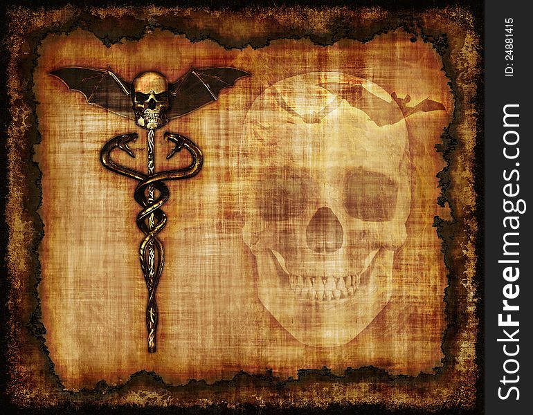 An aged grunge parchment featuring snakes, skulls and bats - 3D renders with digital painting. An aged grunge parchment featuring snakes, skulls and bats - 3D renders with digital painting.