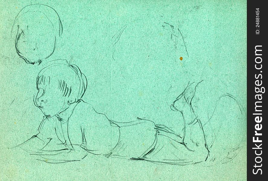 A small child - a boy, rather, on a green vintage paper. Hand drawing pencil.