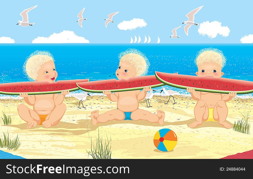 Vector illustration of happy children eating watermelon on the beach. Vector illustration of happy children eating watermelon on the beach