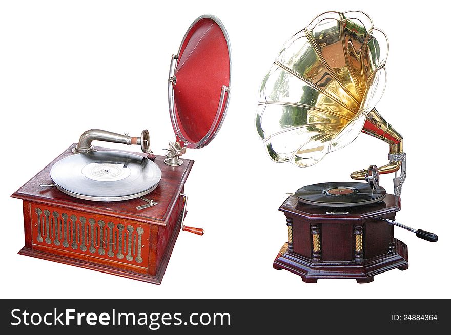 Antique wooden turntable on white background. Antique wooden turntable on white background