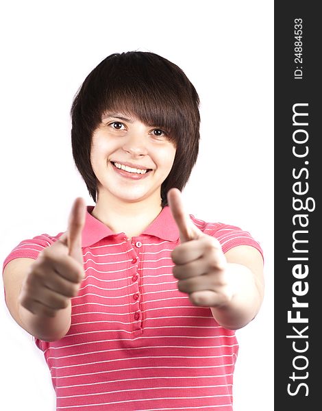 Young happy teenager showing ok isolated on white background