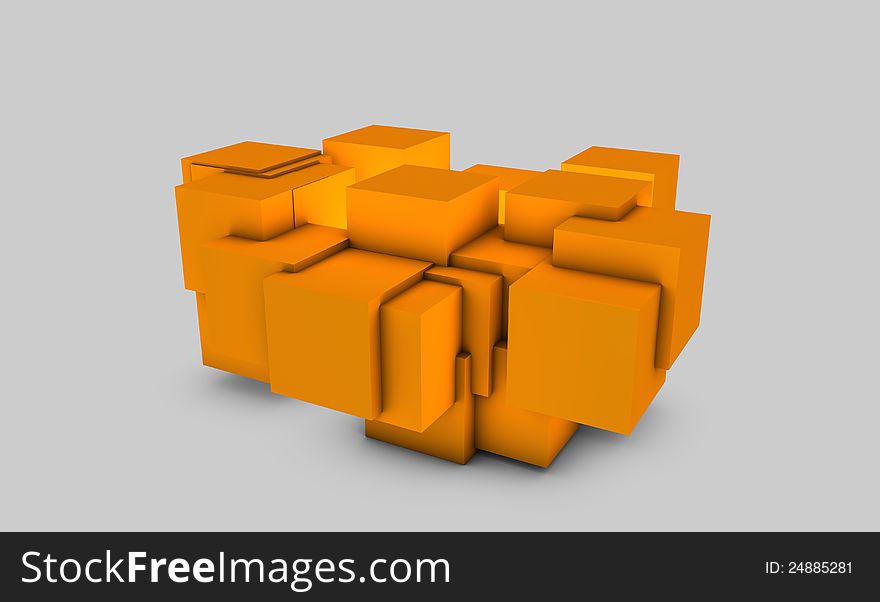 Orange abstract cubes on white floor