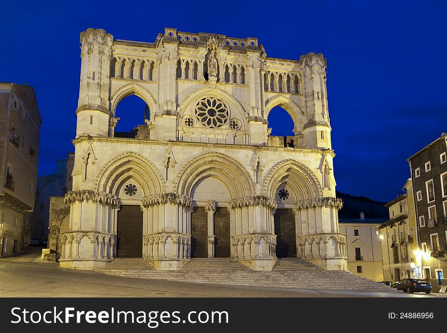 View of the Gothic cathedral of Cuenca, in Spain, at night. View of the Gothic cathedral of Cuenca, in Spain, at night