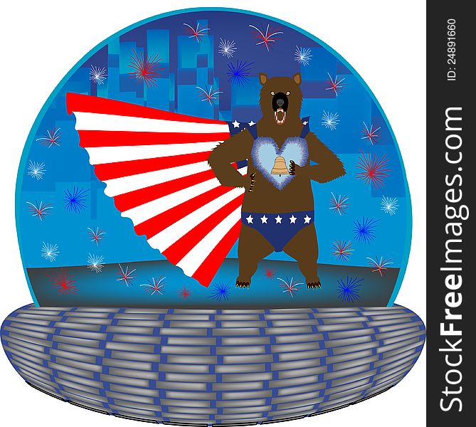 Grizzly super hero in a magic 4th July globe