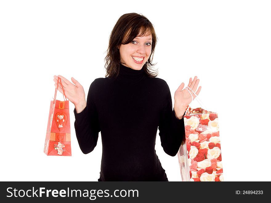 Pregnant girl holds packages, isolated on white background