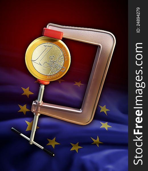Euro coin held by a clamp with an european community flag on background. Digital illustration. Euro coin held by a clamp with an european community flag on background. Digital illustration.