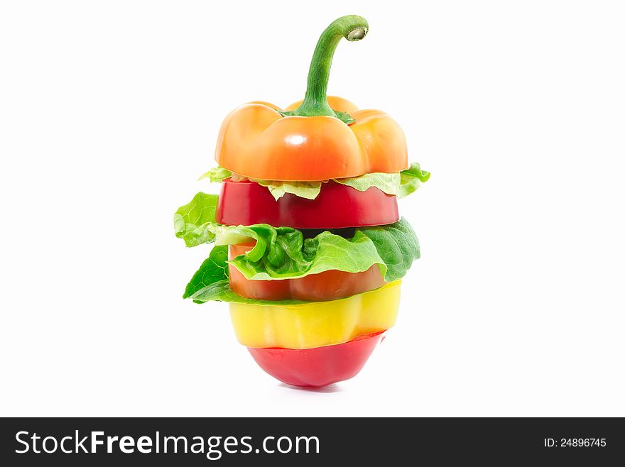 Hamburger made of juicy peppers and lettuce on white background