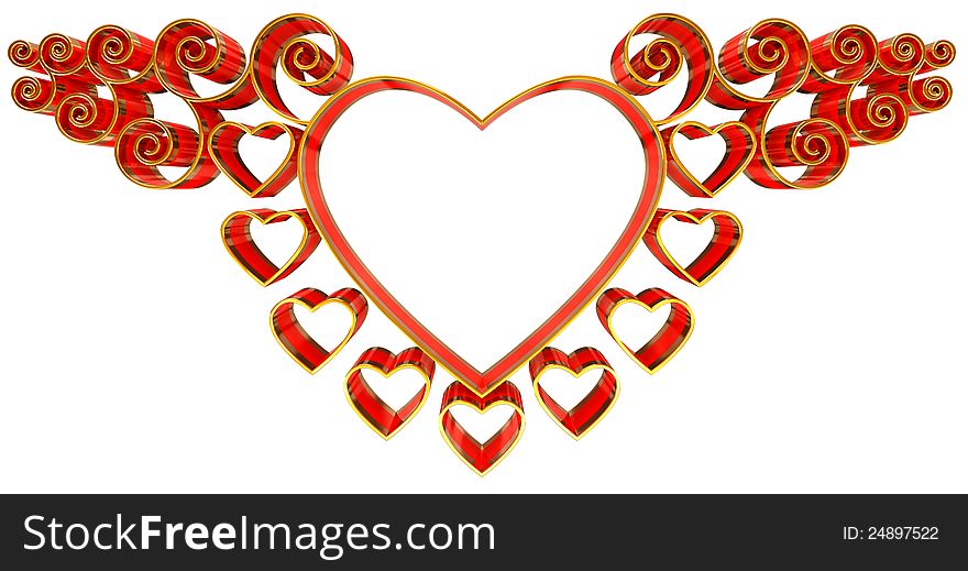 Beautiful twisted frame with hearts and curls made of golden metal and red glass, as a symbol of love for design a greeting post card