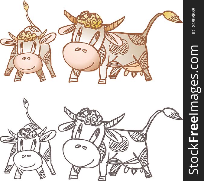 The vector drawing of a cow in style of a sketch.