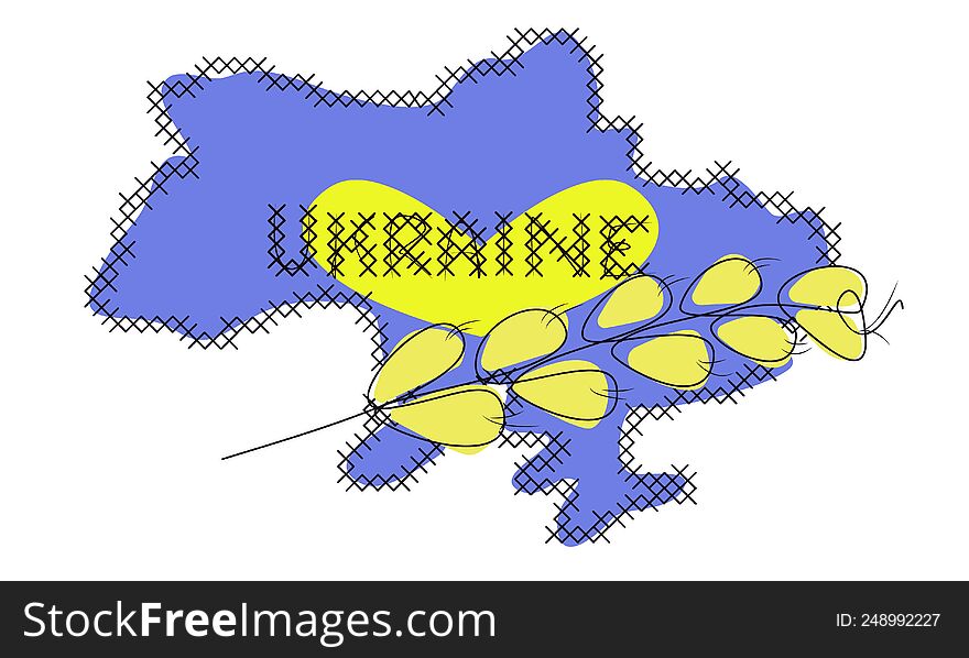map of ukraine with borders in the form of embroidery stitches in the colors of the national flag and a spikelet
