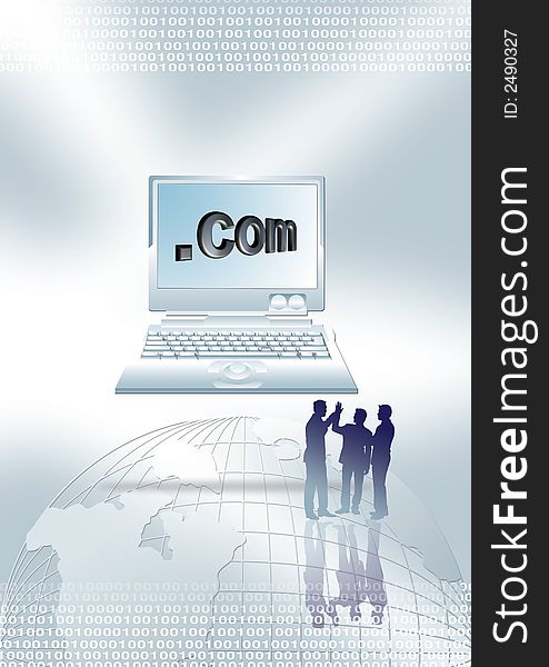 Business people standing in front of laptop with .com. Business people standing in front of laptop with .com