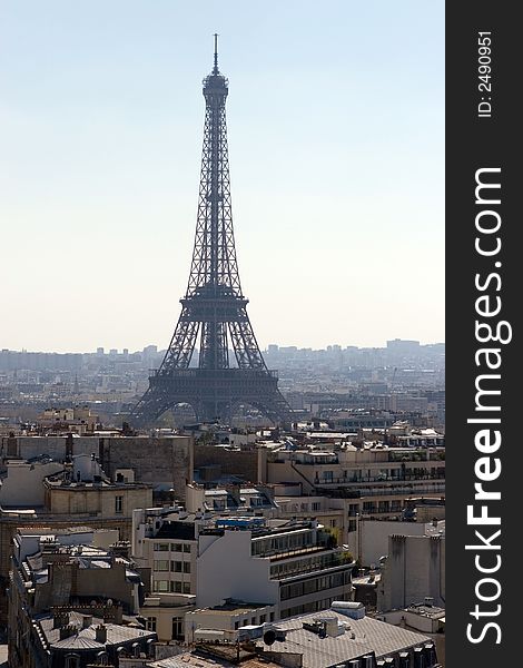 The Eiffel Tower and the Skyline of Paris, France, from the top of the Arch de Triumph