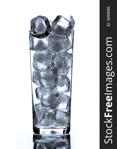 Glass bocal with ice brick on white background