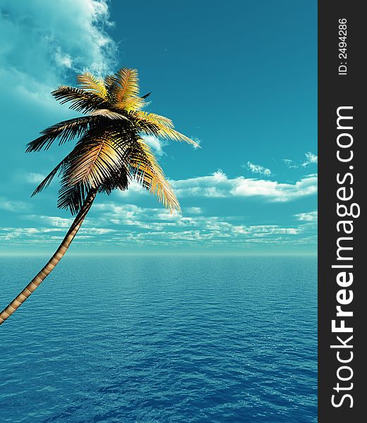 Coconut palm and blue sky with clouds - 3D scene.
