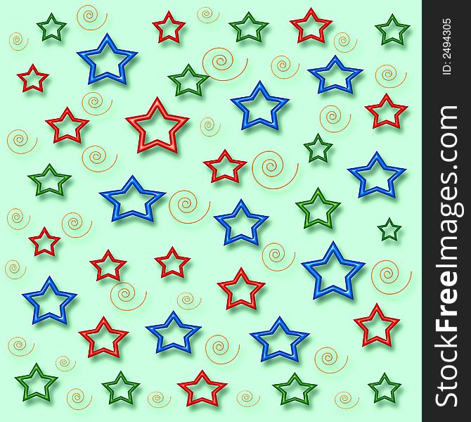 Stars and swirls scattered on green background. Stars and swirls scattered on green background