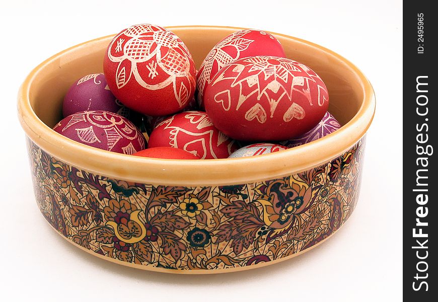 Isolated photo of vessel with Easter Eggs. This kind of drawings on the egg are characteristic for Serbia.
